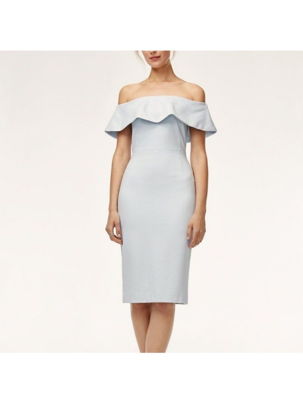 NWT Babaton Ruslan Midi Dress Off Shoulder Ruffled Fitted Blue